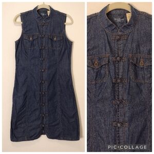 Liz Claiborne Blue Chambray Denim Mandarin Collar Knot Button Sleeveless Dress